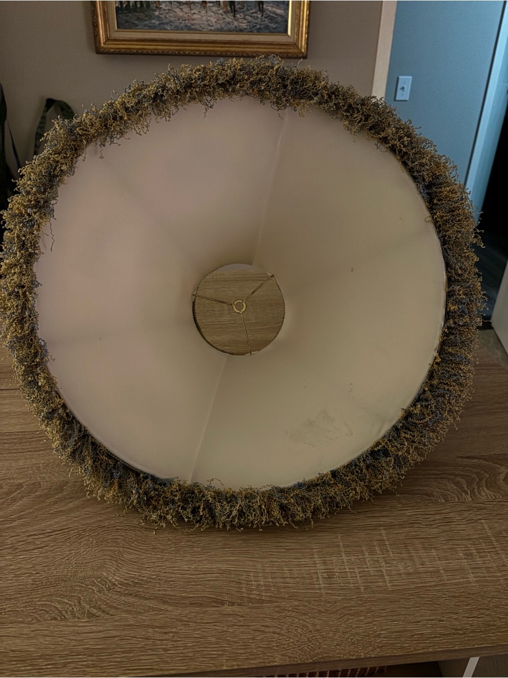Vintage Toile Lamp Shade in Yellow/Gold and Navy Blue w/ Fringe Trim - Picture 3 of 6